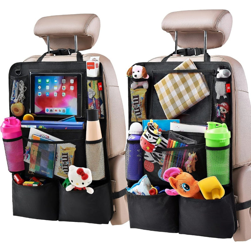 Backseat Car Organizer 2 Units, Kick Mat And Seat Back Protector With Tablet Holder And 9 Storage Pockets, Black